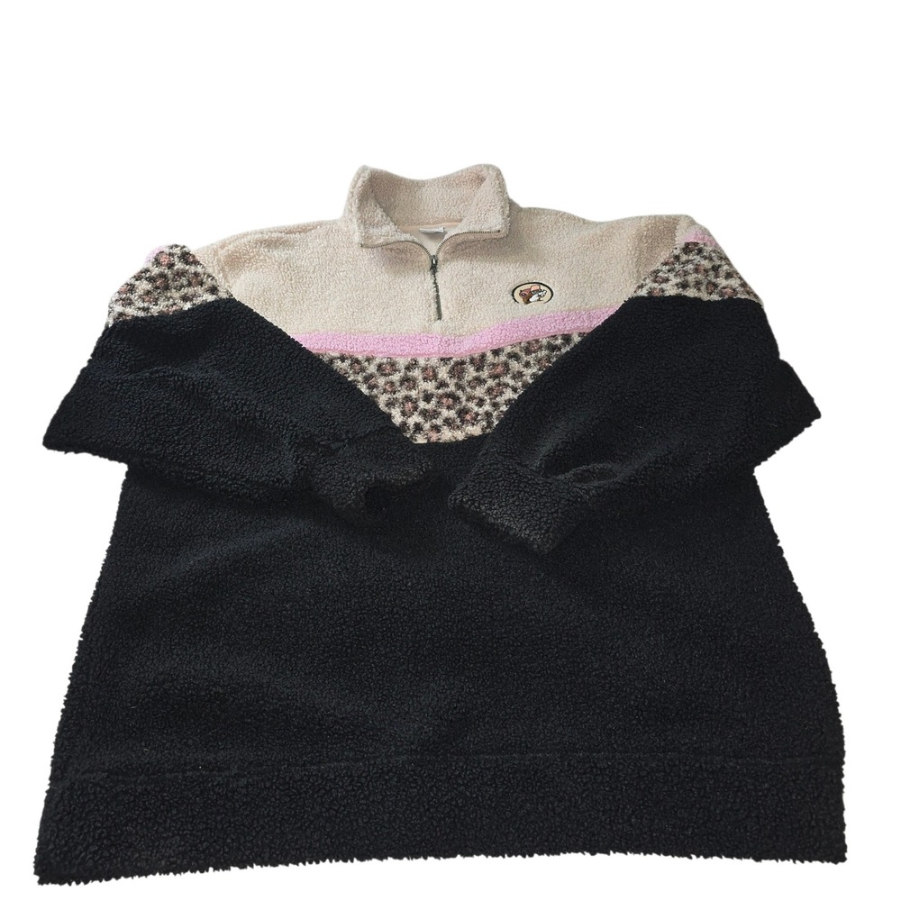 Buc-ee's Women 2XL Sherpa Fleece Quarter Zip Pullover Leopard Colorblock Black